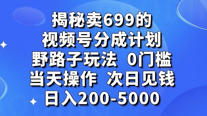 揭秘卖 699 的视频号分成计划野路子玩法，日入 200-5000，0 门槛，当天操作，次日见钱 - 区块之眼 - 区块之眼