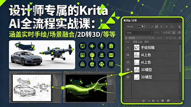 设计师专属的Krita AI全流程实战课：涵盖实时手绘/场景融合/2D转3D/等等 - 区块之眼