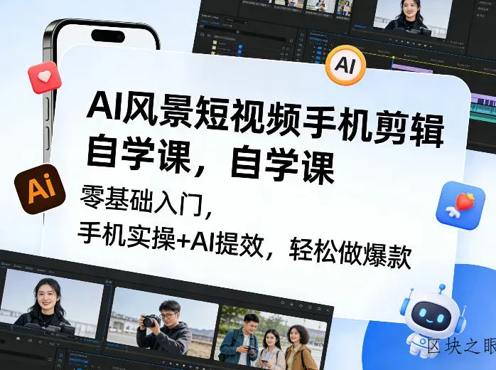 AI风景短视频手机剪辑自学课，零基础入门，手机实操+AI提效，轻松做爆款 - 区块之眼