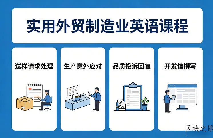 实用外贸制造业英语课程，教你专业处理送样请求、应对生产意外、回复品质投诉、撰写开发信等 - 区块之眼