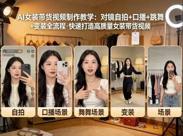 AI女装带货视频制作教学，对镜自拍、口播、跳舞、变装全流程，快速打造高质量女装带货视频 - 区块之眼