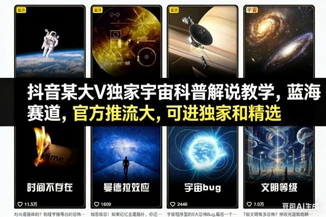 抖音某大V独家宇宙科普解说教学，蓝海赛道，官方推流大，可进独家和精选 - 区块之眼