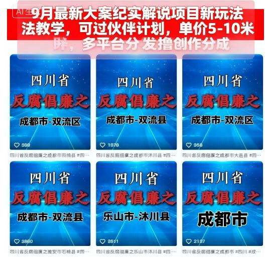 9月最新大案纪实解说项目新玩法教学，可过伙伴计划，单价5-10米，多平台分发撸创作分成 - 区块之眼 - 区块之眼