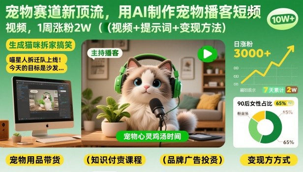 宠物赛道新顶流，用AI制作宠物播客短视频，1周涨粉2W(视频+提示词+变现方法) - 区块之眼