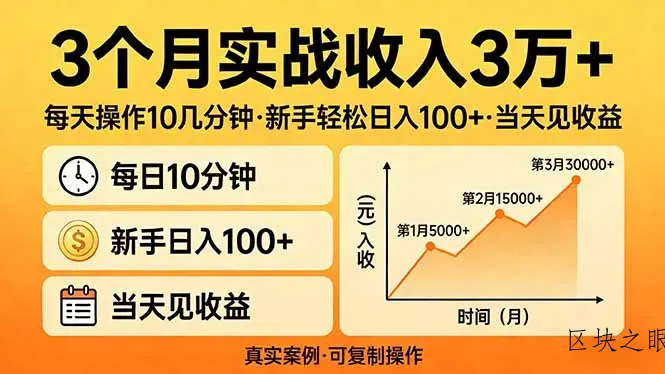 3个月实战收入3万+，每天操作10几分钟，新手轻松日入100+，当天见收益 - 区块之眼