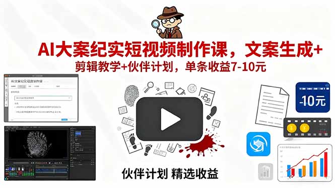 AI大案纪实短视频制作课，文案生成+剪辑教学+伙伴计划，单条收益7-10元 - 区块之眼