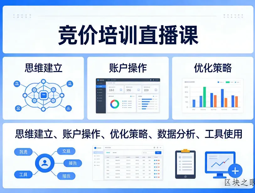 竞价培训直播课，覆盖思维建立、账户操作、优化策略、数据分析、工具使用等，全方位提升效果 - 区块之眼
