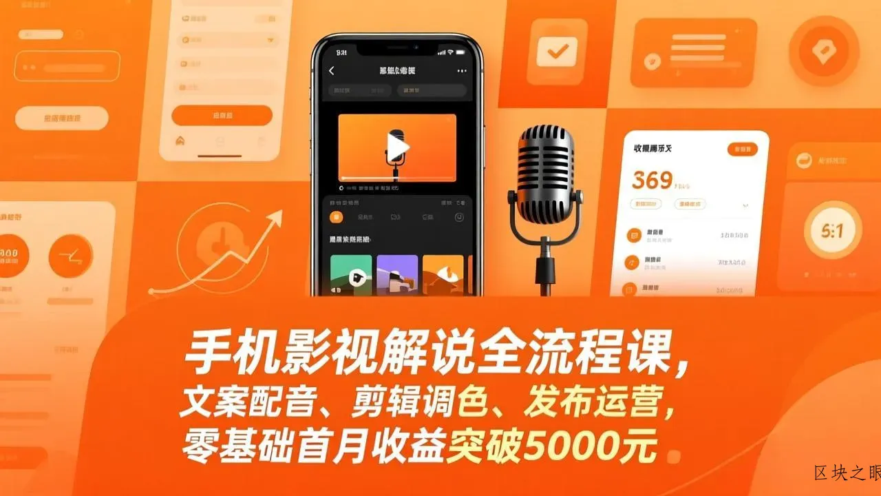 手机影视解说全流程课，文案配音、剪辑调色、发布运营，零基础首月收益突破5000元 - 区块之眼
